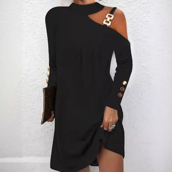 Simple Metal Buckle Strap Button Dress for Women
