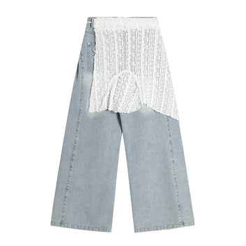 Lace Layered Straight Leg Jeans Tie-Up Double-Wear Loose Wide Leg Pants