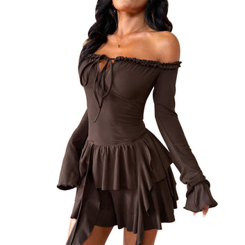Sexy one shoulder lotus leaf edge long sleeved dress