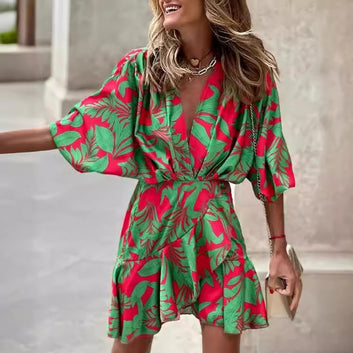 Fashion Batwing Sleeve V-Neck Irregular Hem Dress for Women