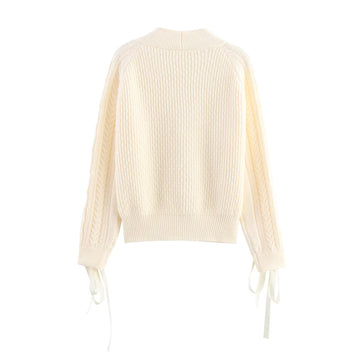 V-neck drawstring nail bead knit sweater