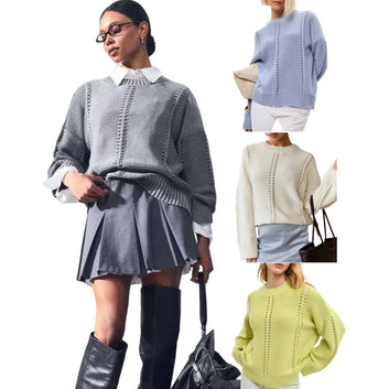 Hollow out pullover sweater for women's early autumn new loose round neck lazy style knitted sweater
