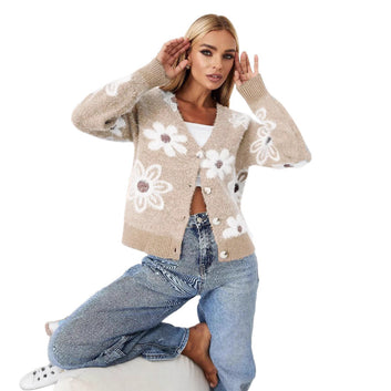 Floral Knit Cardigan Short Length V-Neck Faux Mink Sweater Coat for Women