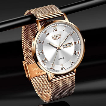 LIGE Ultra Thin Ladies Quartz Watch Classic Women's Watch Dual Calendar Waterproof Watch Milan Mesh Strap Watch