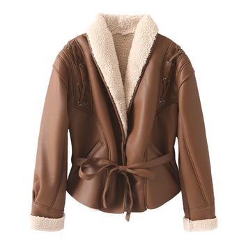 Women's Leather Jacket with Fur Collar and Belt – Comfort, Warmth, and Street Style Elegance