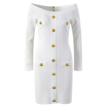 Elegant temperament, slim fit and slimming dress, stylish and fragrant, gold buckle long sleeved knitted dress