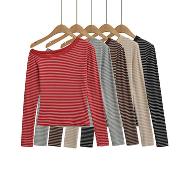 Diagonal shoulder color blocked striped long sleeved elastic T-shirt