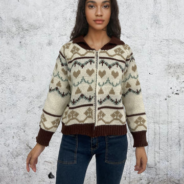 Geometric Zipper High Neck Knit Cardigan Women's Striped Sweater Top Outerwear Style Autumn Winter Short Length
