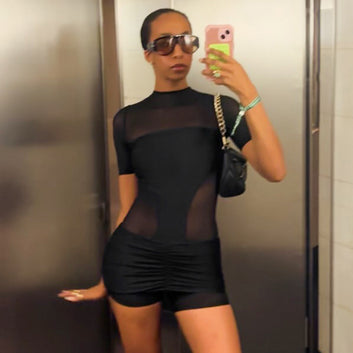 Style Fashion Sexy Women's Solid Color Mesh Pleated Slim Fit Double-Layer Set