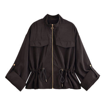Stand collar workwear drawstring waist cinching jacket