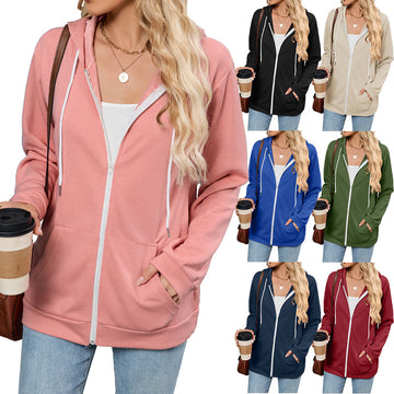 Color Block Zipper Hooded Pocket Long Sleeve Sweatshirt Women's Top