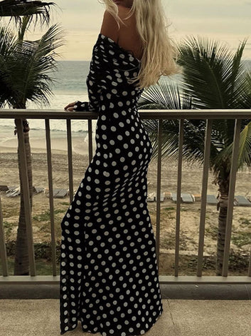 Stylish and elegant polka dot printed off-shoulder patchwork A-line long dress