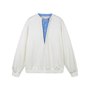 Suede Faux Two-Piece Design Long Sleeve V-Neck Pullover Hoodie