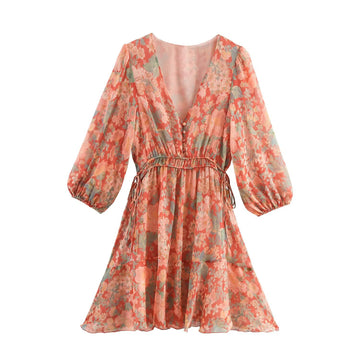 Flower print V-neck lantern sleeve dress