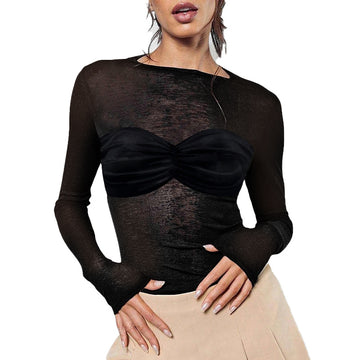 Splicing tight fitting slimming versatile long sleeved top