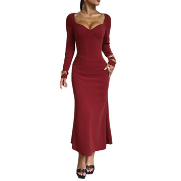 Waist cinched peach collar long sleeved solid color hip hugging skirt