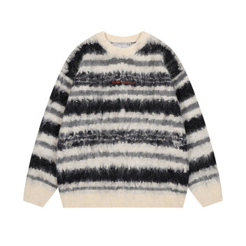 Style Trendy Design Stripe Crewneck Knitwear Men Retro Loose Couple Mohair Fleece Pullover Sweater Women