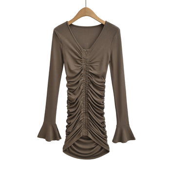 Slim fit pleated flared sleeve dress