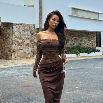 Lace one shoulder pocket sexy slim fit hip hugging skirt