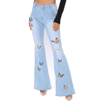 JEANS: Tailored Butterfly Wide-Leg Perforated High-Stretch Flared Pants – Trendy Women's Pants That Combine Glamour and Comfort