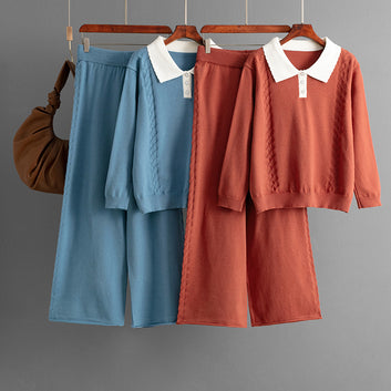 Polo collar color blocked loose sweater wide leg pants two-piece set