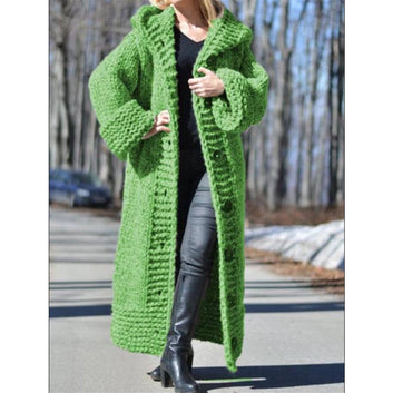 Chic Solid Color Hooded Single-Button Knit Cardigan Sweater Coat for Women