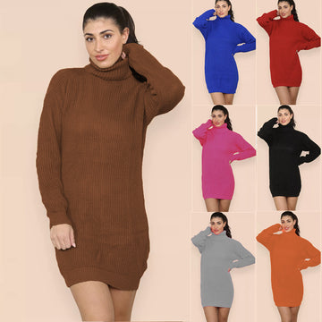 Chic Long Sleeve Knit Sweater Dress with Turn-Down Collar, Loose Fit Plus Size Women's Clothing
