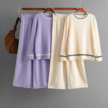 Round neck long sleeved sweater set+casual pants two-piece set