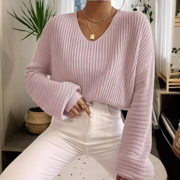 Knitted Women's Sweater  Style Solid Color V-Neck Lantern Sleeve Pullover