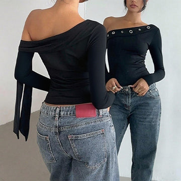 Slanted shoulder long sleeved solid color versatile top for women