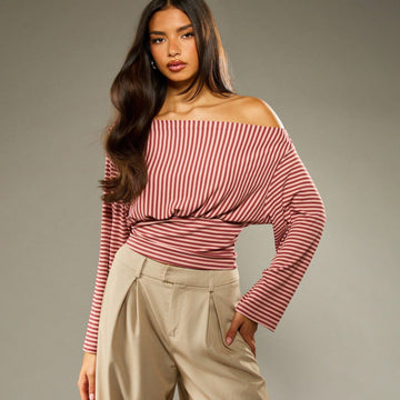 Stylish Striped Off-Shoulder Long Sleeve  with One-Shoulder Design