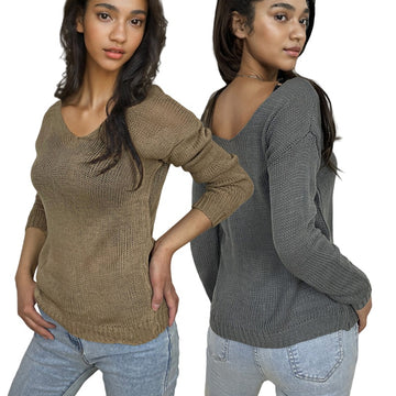 Sweater for Women Style Double V-Neck Off-Shoulder Sleeve Fitted Knit Sweater Outerwear Top