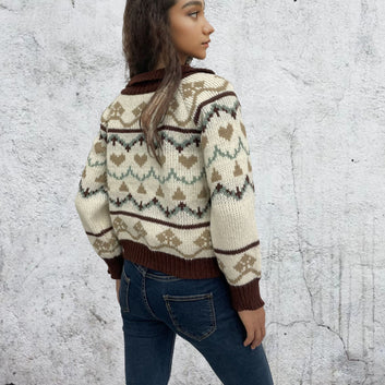 Geometric Zipper High Neck Knit Cardigan Women's Striped Sweater Top Outerwear Style Autumn Winter Short Length