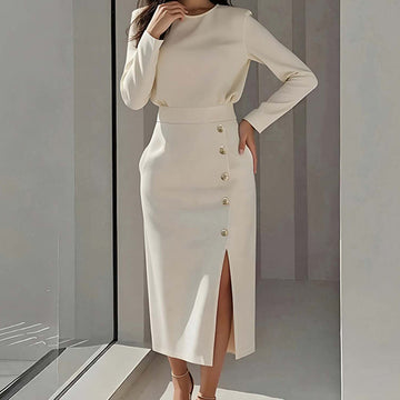 Elegant Style Round Neck Solid Color Dress Long Dress for Women