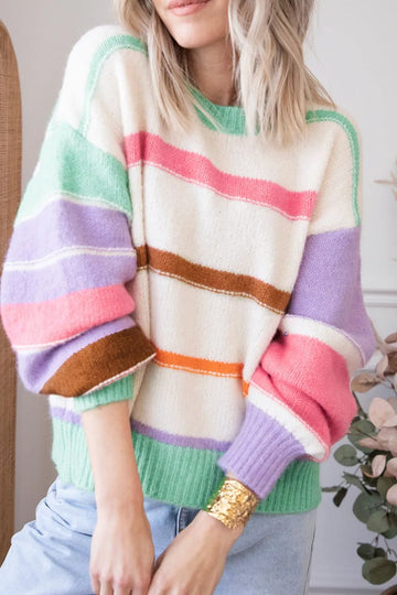 DOPAMINE STYLE STRIPED WOMEN'S SWEATER — PERSONALIZED STRIPED CONTRASTING SHOULDER SWEATER THAT TRANSFORMS YOUR LOOK