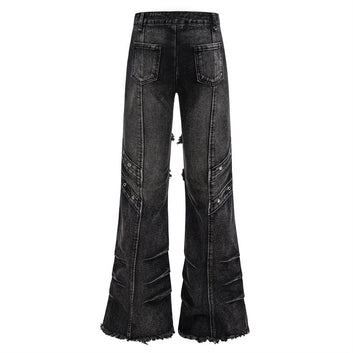 Trendy Belted Flared Cargo Jeans Men Heavyweight Distressed Raw Hem Deconstructed Patchwork Unique Personality Long Pants