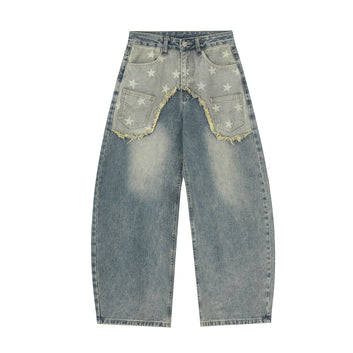 Creative Denim Pants  Patchwork Print Decoration, Mid-Waist Casual Jeans
