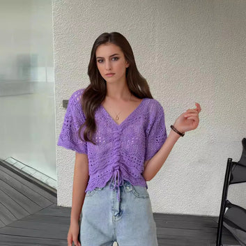 Style New Sun Protection Top V-Neck Short LengthHollow Out Drawstring Knit Shirt Slim Fit Beach Cover-Up for Women