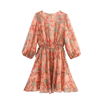 Flower print V-neck lantern sleeve dress