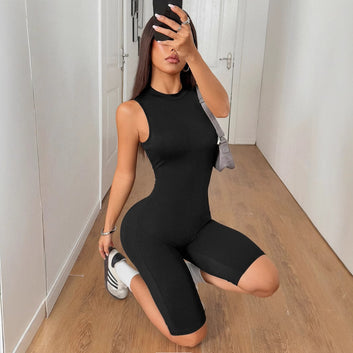 Sports style high elasticity solid color shorts jumpsuit