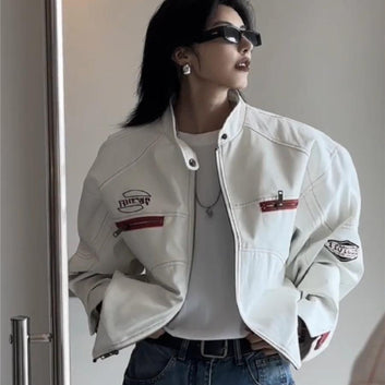 Cross-Border American-Style Pu Leather Motorcycle Jacket for Women, Spring and Autumn New Embroidered Loose Versatile Short Jacket, Trendy White