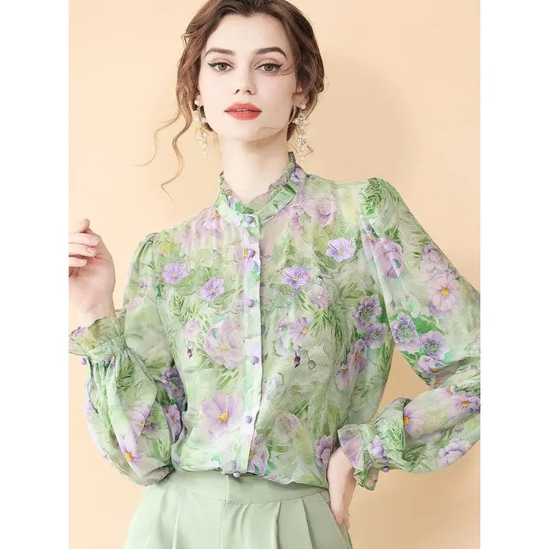 Fashion for Women Spring and Autumn New Korean Floral Tops French Fungus Collar Outer Shirts