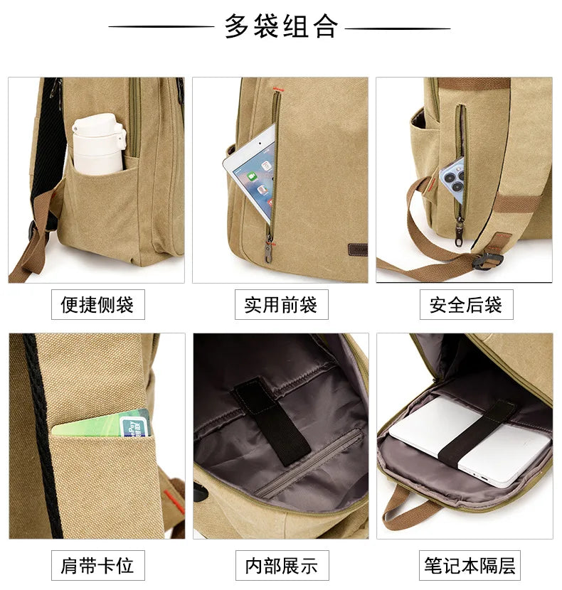 Men's Canvas Backpack Simple Casual Unisex Travel Backpack Schoolbag Large Capacity Ins Wind Laptop Computer Backpack