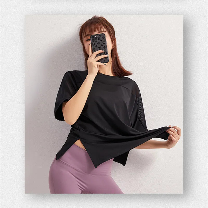 Summer Fitness Sports T-shirt Tops Women Outdoor Sports Loose Short Sleeve Stitching Gym Running Female Quick Drying Breathable