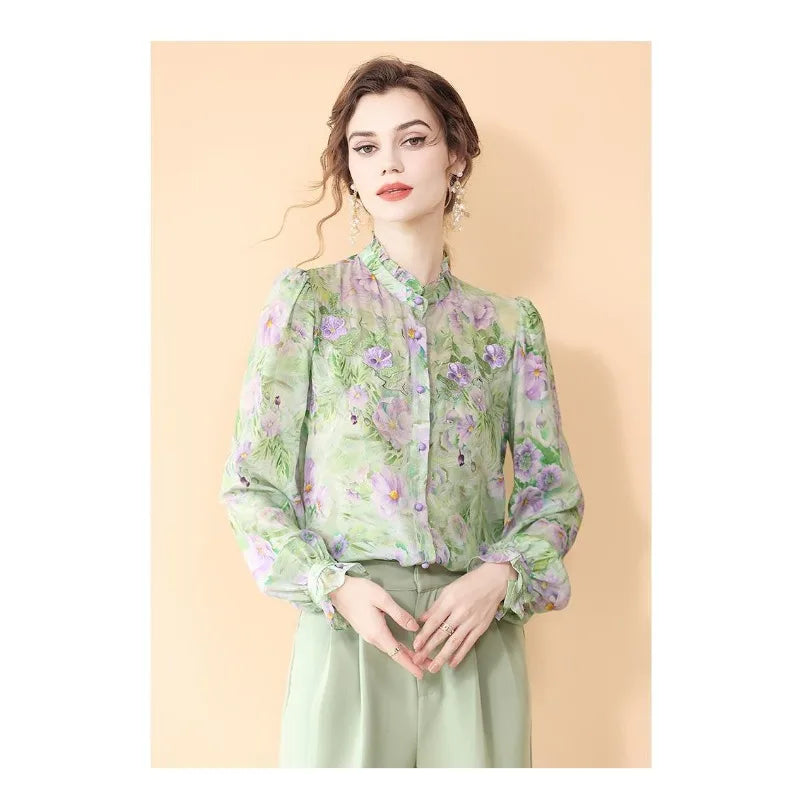 Fashion for Women Spring and Autumn New Korean Floral Tops French Fungus Collar Outer Shirts