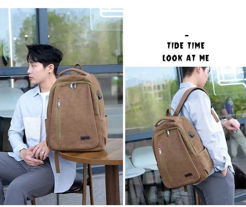 Men's Canvas Backpack Simple Casual Unisex Travel Backpack Schoolbag Large Capacity Ins Wind Laptop Computer Backpack