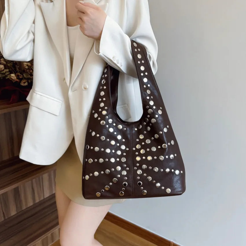 Fashion Women Shoulder Bag Designer Luxury Rivet Tote Bag Office Large Capacity Tote Girls Punk Style Main Bolsos Para Mujeres