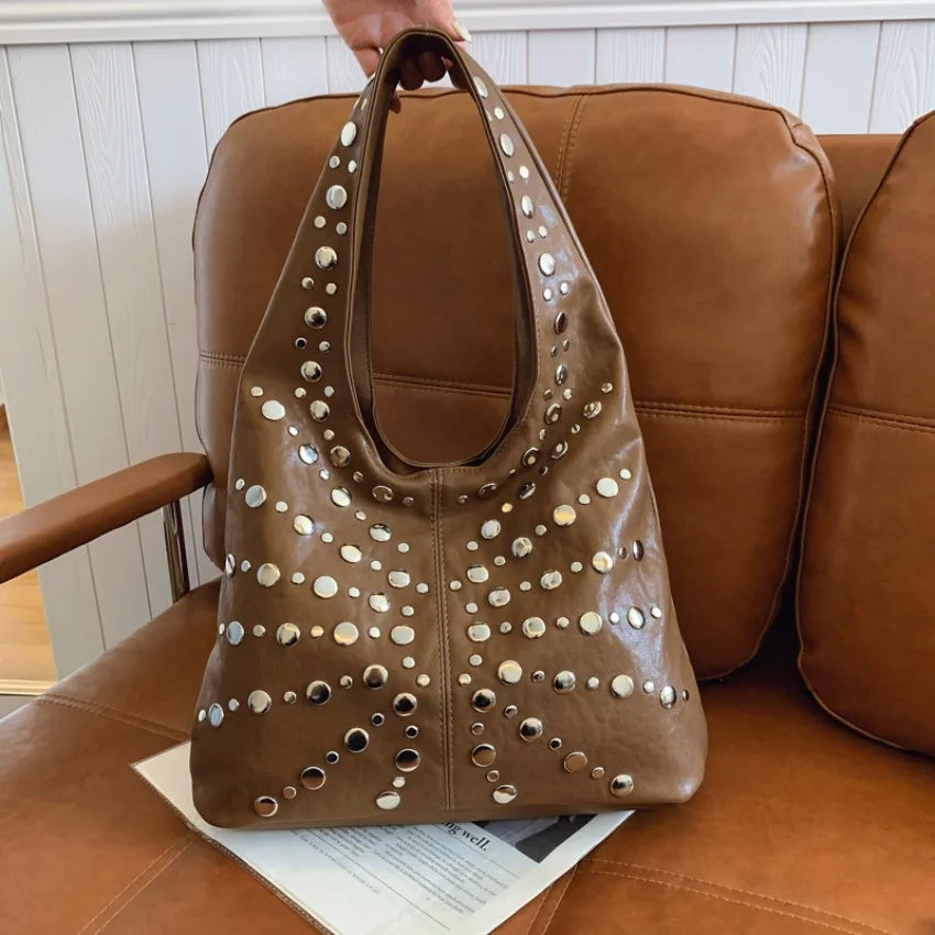 Fashion Women Shoulder Bag Designer Luxury Rivet Tote Bag Office Large Capacity Tote Girls Punk Style Main Bolsos Para Mujeres