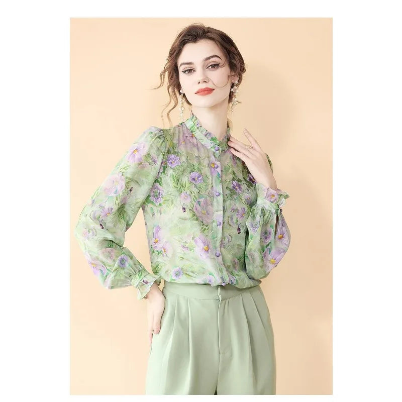 Fashion for Women Spring and Autumn New Korean Floral Tops French Fungus Collar Outer Shirts
