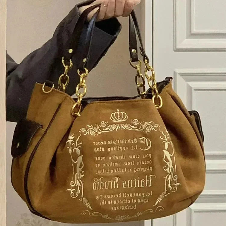 Embroidery Letter Tot Bag Women New In Large Capacity Retro Gothic Handbag Free Shiping Niche Desing Brand Soft Crossbody Bag